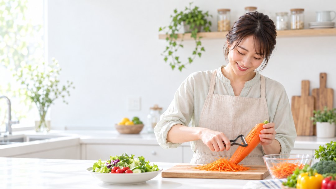 キッチンで笑顔で細千切りをする女性